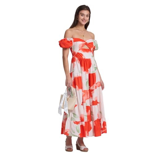 Alexis Leroy Damen Maxi Kleid Boho Sommer Casual Kurzarm Floral Lose Lange Kleider A-Linie Bedruckte Bubble Sleeves Rote L von Alexis Leroy