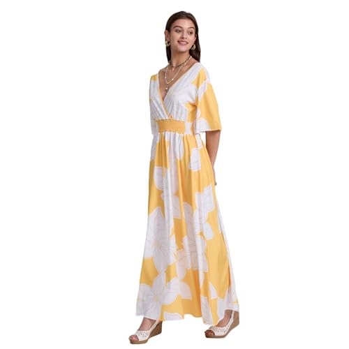 Alexis Leroy Damen Maxi Kleid Boho Sommer Casual Kurzarm Floral Lose Lange Kleider A-Linie V-Ausschnitt Rückenfreies Kleid Gelb XL von Alexis Leroy