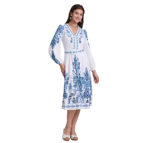 Alexis Leroy Damen Maxi Kleid Boho Sommer Casual Langarm Floral Bohème-Stil Lose Lange Kleider A-Linie V-Ausschnitt Kleider Marineblau L von Alexis Leroy