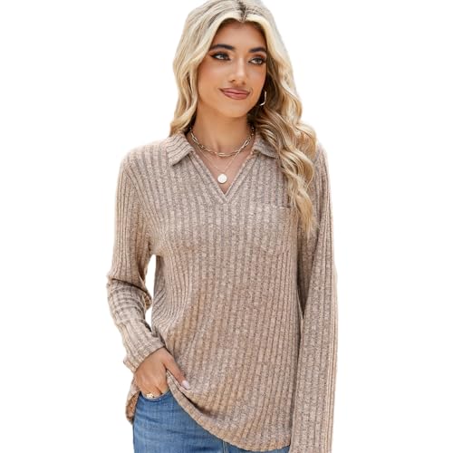 Alexis Leroy Damen Pullover Lässige Sweater V-Ausschnitt Herbst Strickpullover Einfarbig Langarm Locker Tunika Tops Khaki S von Alexis Leroy