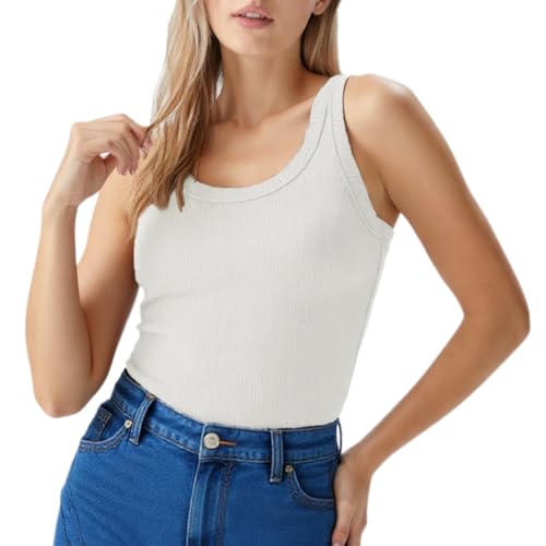 Alexis Leroy Damen Weite Schulterstreifen Nicht Verstellbare Basic Tank Top Gerippt Ohne BHsÄtze Ärmellose Sommer Casual Cami Weißer Gewinde L von Alexis Leroy