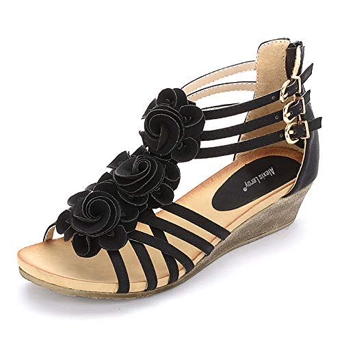 Alexis Leroy Flores Gladiator-Sandalen mit Keilabsatz, mittelhoher Absatz für Damen, Schwarz G, 37 EU von Alexis Leroy