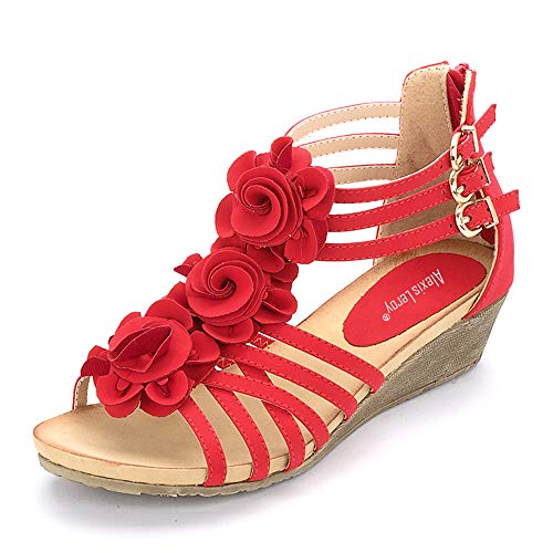 Alexis Leroy Flores Gladiator-Sandalen mit Keilabsatz, mittelhoher Absatz für Damen, rot G, 40 EU von Alexis Leroy