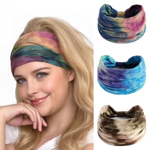 Alexis Leroy Haarbänder Damen Boho Gebatiktes Haarband Elastische Weiche Yoga Sport-Schweißband Haarschmuck 3 Pcs Natur-Set von Alexis Leroy