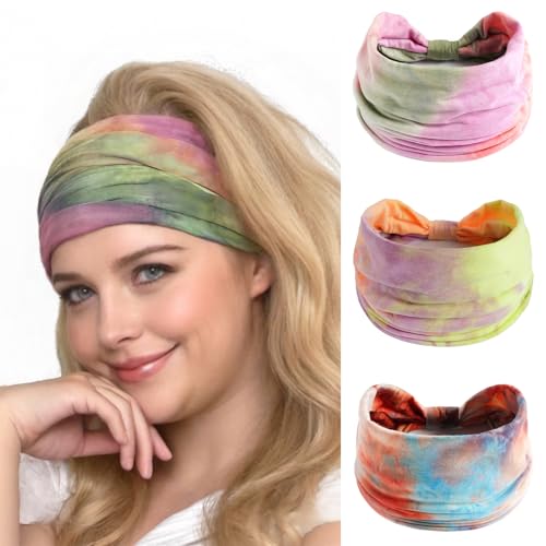 Alexis Leroy Haarbänder Damen Boho Gebatiktes Haarband Elastische Weiche Yoga Sport-Schweißband Haarschmuck 3 Pcs Süßigkeiten-Set von Alexis Leroy