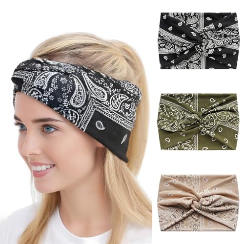 Alexis Leroy Haarbänder Damen Boho Gebatiktes Haarband Elastische Weiche Yoga Sport-Schweißband Haarschmuck 3 Pcs Wald-Set von Alexis Leroy