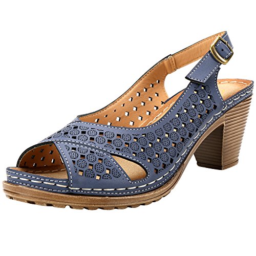 Alexis Leroy Schnalle Blockabsatz Peeptoe Damen Slingback Sandalen Dunkelblau 38 EU von Alexis Leroy