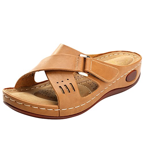 Alexis Leroy Schnalle Pantoletten mit Keilabsatz Damen Offene Sandalen Kamel 37 EU von Alexis Leroy