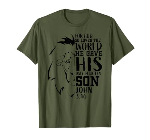 Christian Gifts Men Lion Him Religiöser Bibelvers Johannes 3:16 T-Shirt von Alexis Mae Christian Co