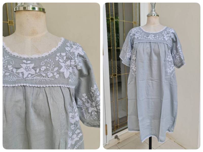 Handstickerei Mexikanisch Inspiriertes Kleid in Grau, Boho Kleid, Brautjungfer Strandkleid, Schwimmen Cover Up, Sommerkleid von AleyaCraft