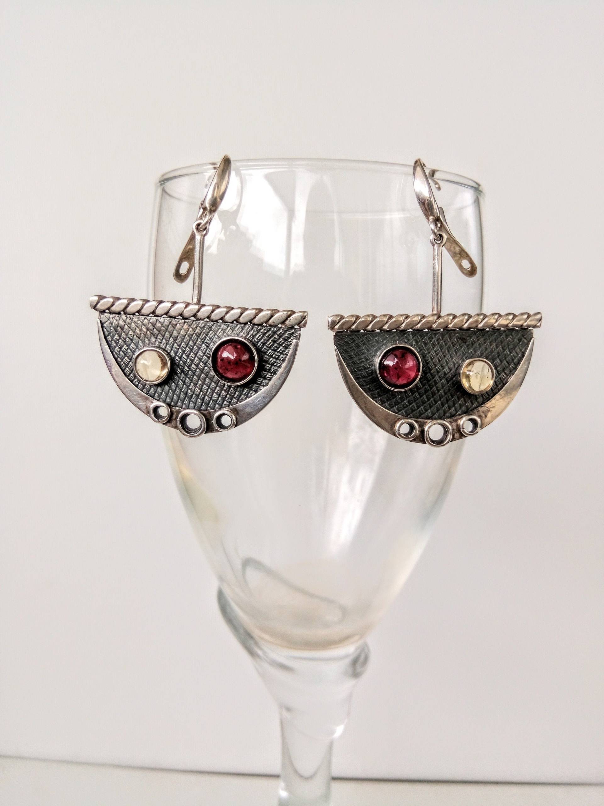 Silberohrringe, Ohrhänger Silber, Handgemachte Ohrringe, Geschenk Für Frau, Granat Citrin Ohrringe von AlfasHandmadeJewelry