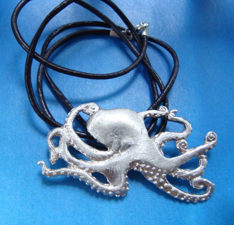 Octopus Anhänger in Sterling Silber 925, Jewel Handmade, Marine Amulett Symbol Des Wissens von Algaba