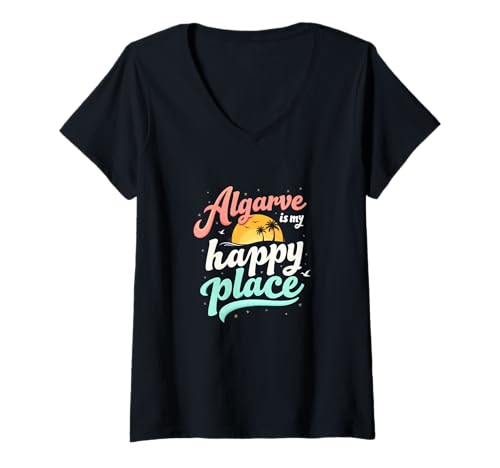 Damen Algarve is My Happy Place Travel Vacation Spruch Portugal T-Shirt mit V-Ausschnitt Damen Algarve is My Happy Place Travel Vacation Spruch Portugal T-Shirt mit V-Ausschnitt von Algarve Travel & Vacation Apparel