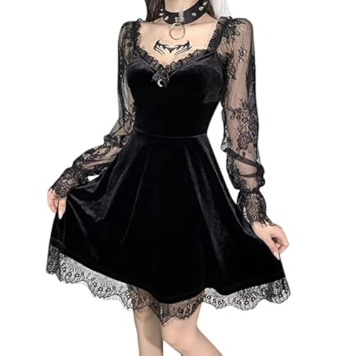 Algasan Schwarzes Gothic Kleid Cocktailkleid Abendkleid Cosplay Partykleid Spitze Kreuz Anhänger Kleid Lace Kleid von Algasan