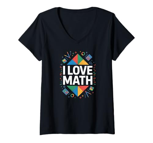 Damen I Love Math Bunte Geometriezahlen T-Shirt mit V-Ausschnitt von Algebra Geometry Numbers Calculus
