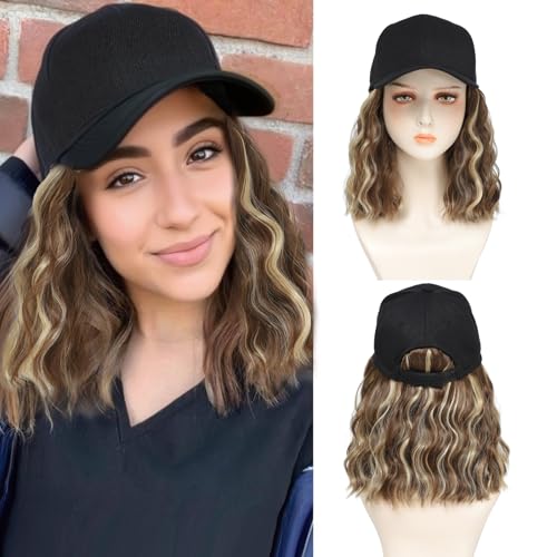 AliRobam Hut mit natürlicher Welle, gebündelte Haarverlängerungen für Damen, Baseballmütze, kurze Perücke, Frisur, verstellbare Perücke (Blond Mbrown) von AliRobam
