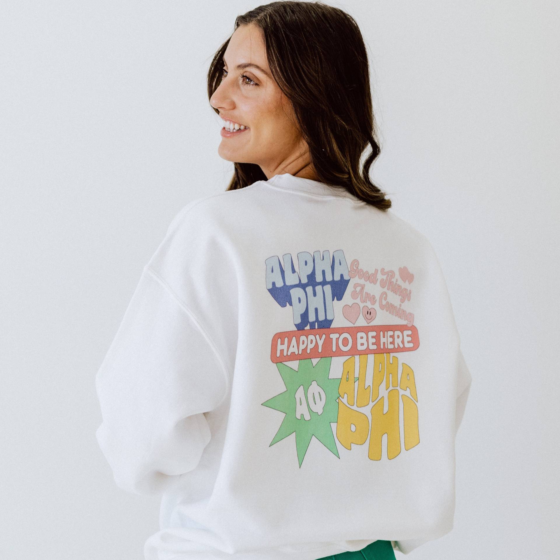 Happy To Be Crewneck/Weißer Sorority Weißes Sweatshirt Apparel Greek von AliandAriel