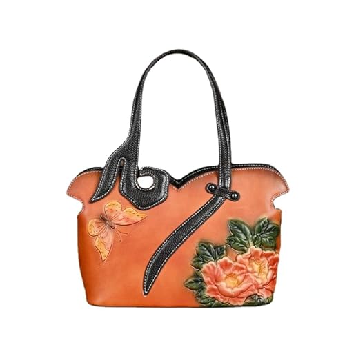 Damen-Handtasche mit Blumenmuster, echtes Leder, Vintage-Stil, Rindsleder, Einkaufstasche, Umhängetasche, Braun von Alice Fan