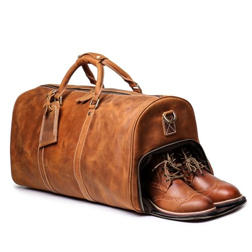 Herren-Reisetasche aus echtem Leder, Rindsleder, Gepäcktasche, Schultertasche, Wochenendtasche, Übernachtung, Fitnessstudio, Sport, Handgepäcktasche, Braun, 55,9 cm mit Schuhfach, Classic Herren-Reisetasche aus echtem Leder, Rindsleder, Gepäcktasche, Schultertasche, Wochenendtasche, Übernachtung, Fitnessstudio, Sport, Handgepäcktasche, Braun, 55,9 cm mit Schuhfach, Classic von Alice Fan