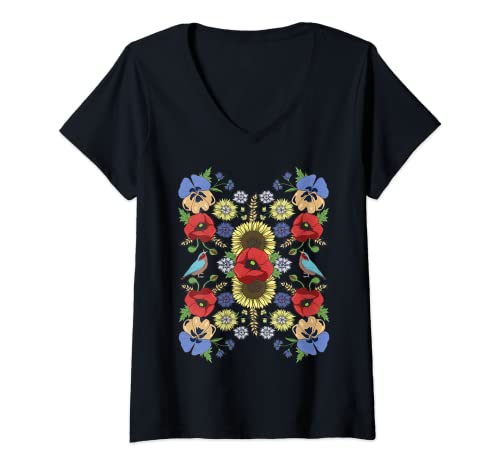 Damen Ukraine Birds & Red Poppies Cute Floral Ukrainische Vyshyvanka T-Shirt mit V-Ausschnitt von Alice Ron Vintage Ukrainian Red Poppies Shirts