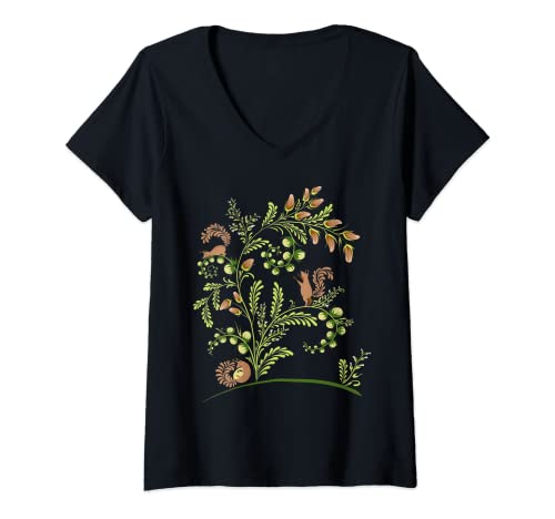 Damen Magische Eichhörnchen, lustiges Blumenmuster, Vintage-Stil, ukrainische Vyshyvanka T-Shirt mit V-Ausschnitt Damen Magische Eichhörnchen, lustiges Blumenmuster, Vintage-Stil, ukrainische Vyshyvanka T-Shirt mit V-Ausschnitt von Alice Ron Vintage Ukrainian Vyshyvanka Style Tee