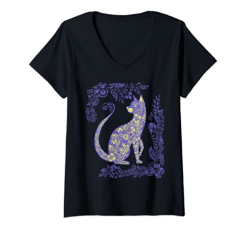 Damen Ukraine Katze, niedliches Blumenmuster, Vintage-Stil, ukrainischer Vyshyvanka-Stil T-Shirt mit V-Ausschnitt Damen Ukraine Katze, niedliches Blumenmuster, Vintage-Stil, ukrainischer Vyshyvanka-Stil T-Shirt mit V-Ausschnitt von Alice Ron Vintage Ukrainian Vyshyvanka Style Tee