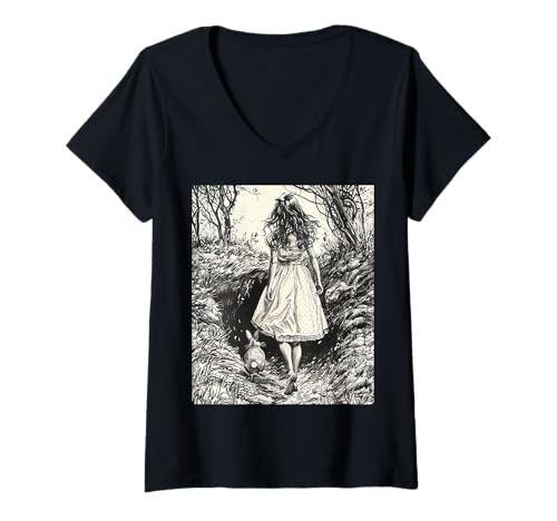 Damen Alice im Wunderland - In den Kaninchenbau Vintage Fantasie T-Shirt mit V-Ausschnitt von Alice im Wunderland Designs und Geschenke