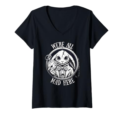 Damen Alice im Wunderland – We're All Mad Here Weißes Kaninchen Zitat T-Shirt mit V-Ausschnitt Damen Alice im Wunderland – We're All Mad Here Weißes Kaninchen Zitat T-Shirt mit V-Ausschnitt von Alice in Wonderland - We're All Mad Here