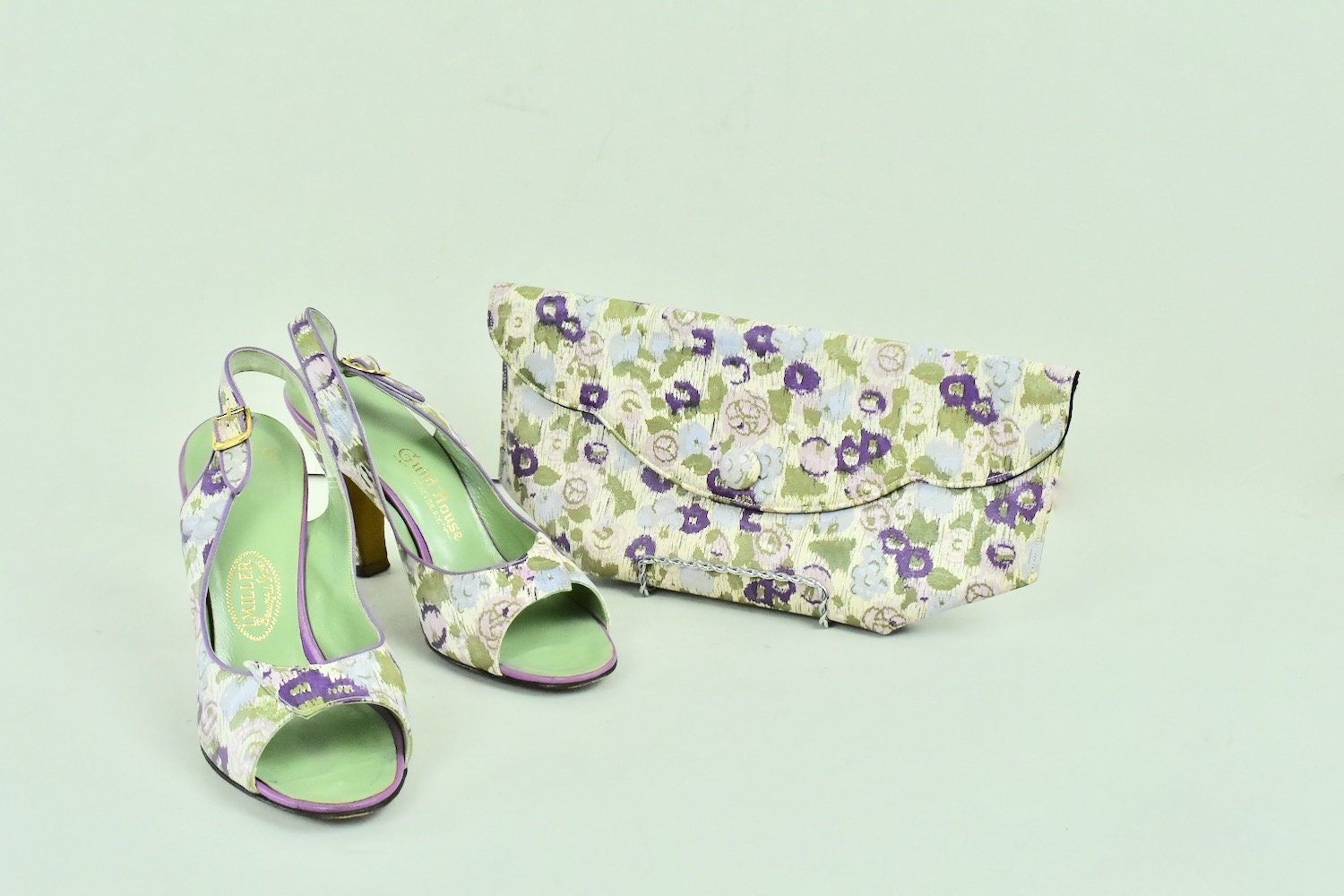 1950Er Jahre Passende Leder Floral Printed Sandalen & Clutch Geldbörse I.miller Schuhe Größe 6 1/2 Bis 7 Schmal von AliceBlueGownVintage