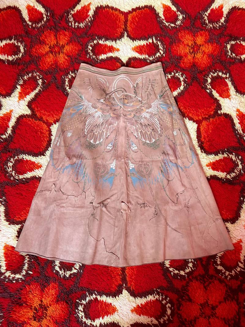 Handbemalter Roberto Cavalli Rock/Midirock Aus Wildleder | 70Er Hippie Woodstock Mid Century Vintage Rare von AliceGroovy