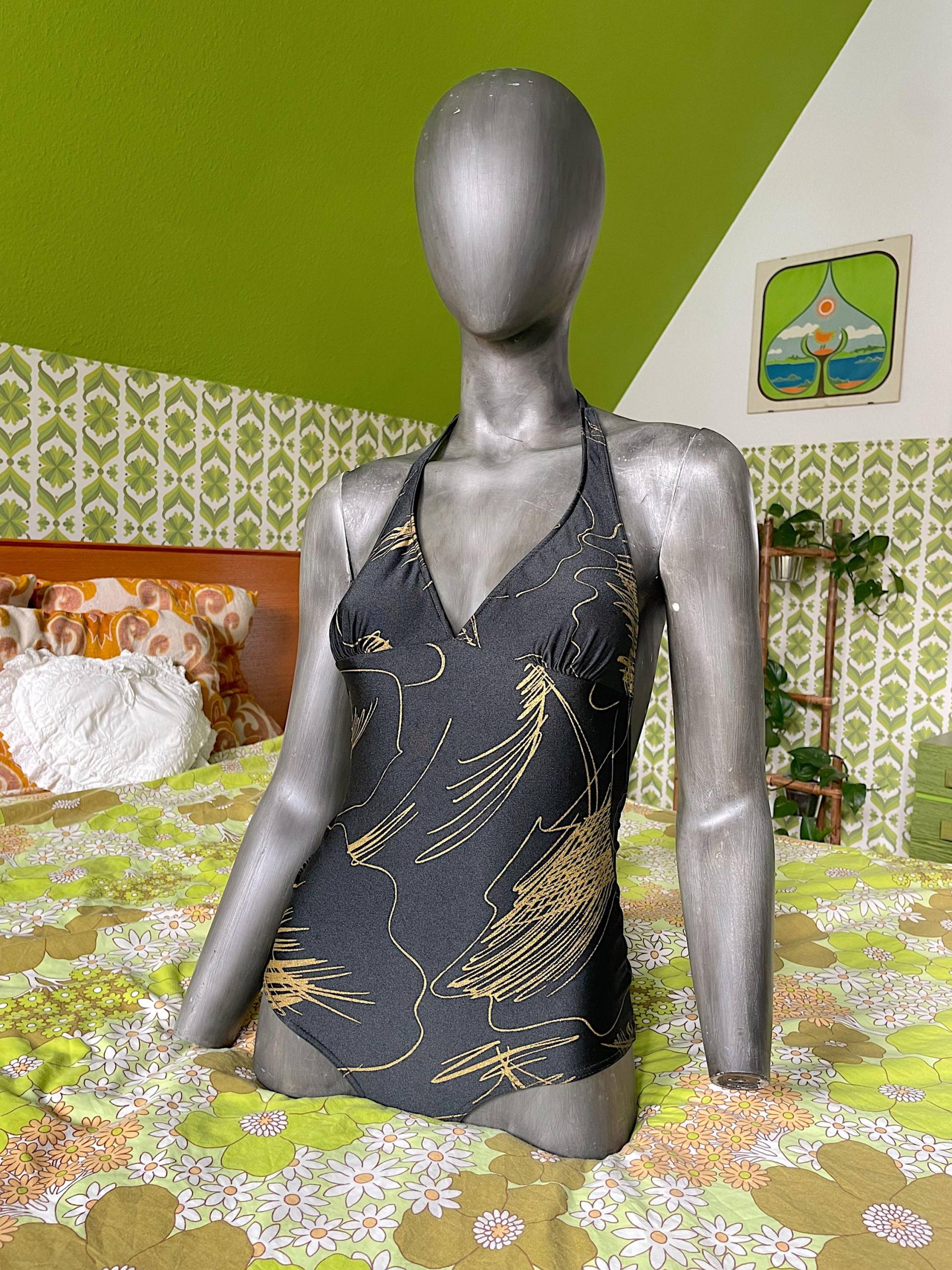 New Old Stock 80Er „Du Pont" Badeanzug/Body in Schwarz Mit Goldenem Muster | Vintage von AliceGroovy