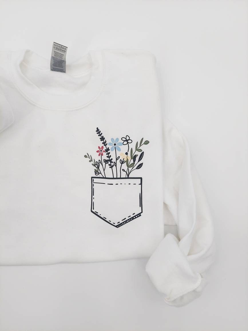 Pocket Blumenpullover - Wildflower Sweatshirt Line Drawing Shirt Blumen Frühling Pullover Süßes Für Frauen von AliceJoyCreations