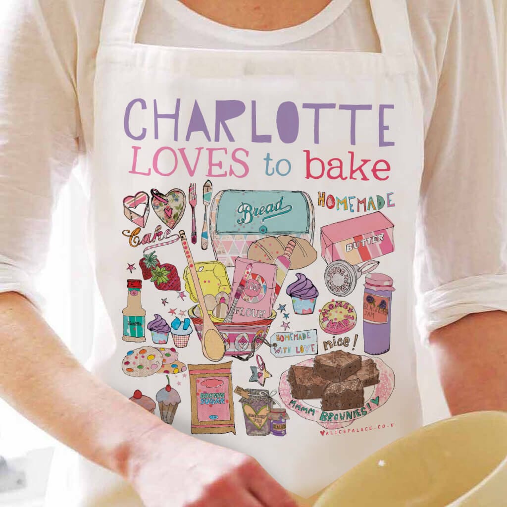 Personalisierte Backschürze "Loves To Bake", Handbedruckt." von AlicePalaceDesigns