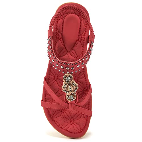 Alicegana Damen-Sandalen, bequem, rutschfest, lässig, Sommer, Strand, Kleid, Knöchel, elastisch, mit Schmucksteinen, Bohemian-Flats, Rot/Ausflug, einfarbig (Getaway Solids), 39.5 EU von Alicegana