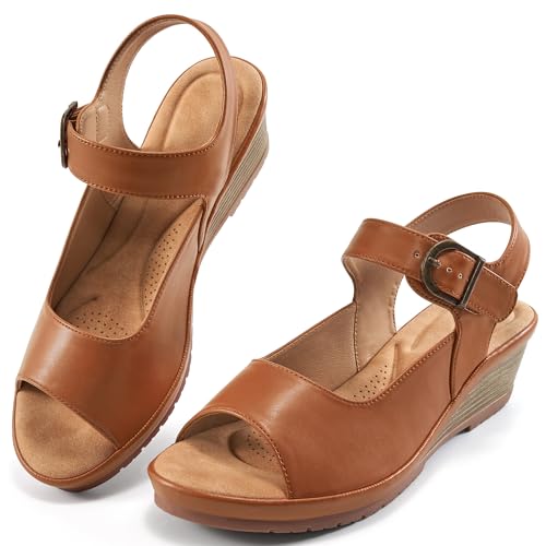 Alicegana Damen-Sandalen mit Keilabsatz, bequem, niedriger Absatz, elegante Sommer-Plateauschuhe, Knöchelriemen, lässig, rutschfeste Keilabsätze, Braun, 38.5 EU von Alicegana