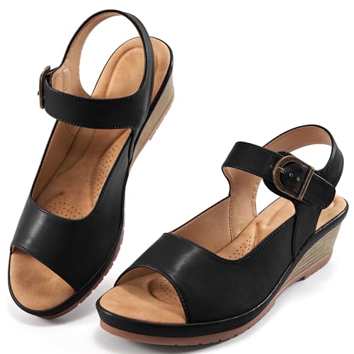 Alicegana Damen-Sandalen mit Keilabsatz, bequem, niedriger Absatz, elegante Sommer-Plateauschuhe, Knöchelriemen, lässig, rutschfeste Keilabsätze, Schwarz, 39.5 EU von Alicegana