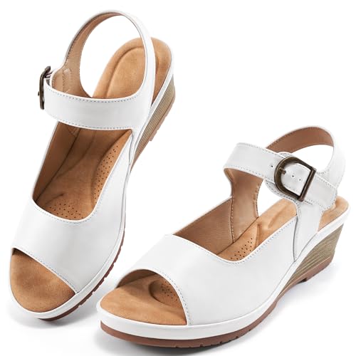 Alicegana Damen-Sandalen mit Keilabsatz, bequem, niedriger Absatz, elegante Sommer-Plateauschuhe, Knöchelriemen, lässig, rutschfeste Keilabsätze, Weiss/opulenter Garten, 39.5 EU von Alicegana