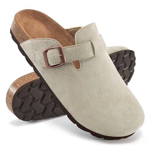 Alicegana Damen Wildleder Clogs Slip on Pantoletten Korkfußbett Kartoffelschuhe Komfort Geschlossene Zehen Sandalen mit Fußgewölbeunterstützung, GRAU, 10.5-11 von Alicegana