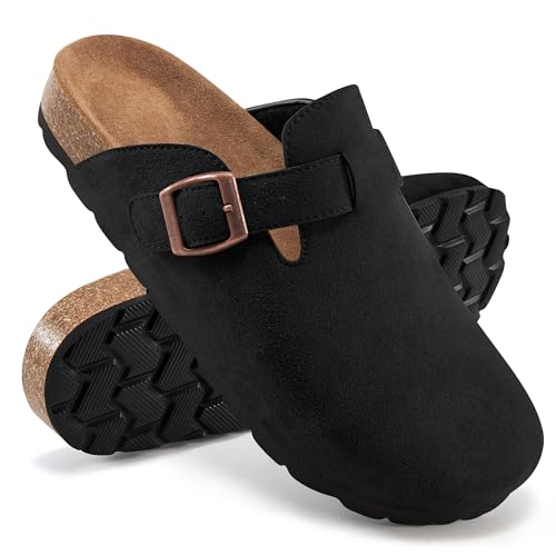 Alicegana Damen Wildleder Clogs Slip on Pantoletten Korkfußbett Kartoffelschuhe Komfort Geschlossene Zehen Sandalen mit Fußgewölbeunterstützung, Schwarz, 10.5-11 von Alicegana