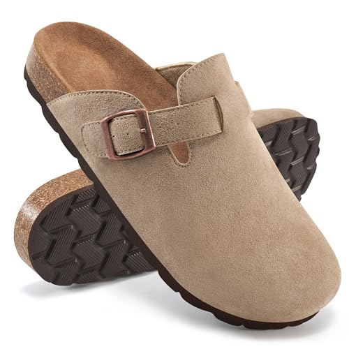 Alicegana Damen Wildleder Clogs Slip on Pantoletten Korkfußbett Kartoffelschuhe Komfort Geschlossene Zehen Sandalen mit Fußgewölbeunterstützung, Taupe, 10.5-11 von Alicegana