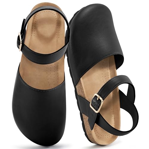 Alicegana Geschlossene Zehensandalen für Damen – Fußgewölbeunterstützung, elegante flache Sandalen, bequeme Sommerschuhe 2025, Schwarz, 42 EU von Alicegana