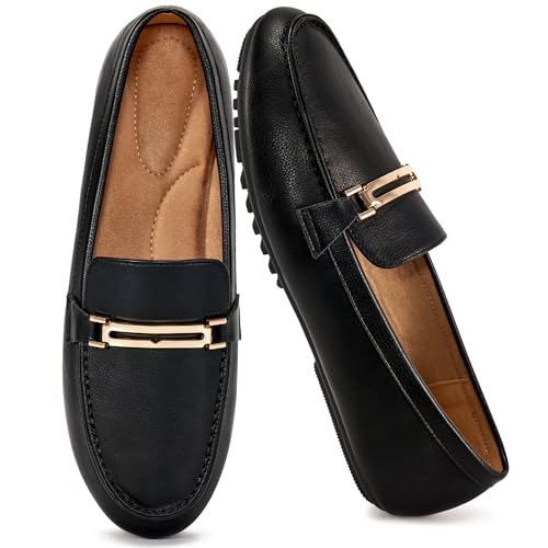 Alicegana Halbschuhe für Damen, Business-Freizeitschuhe – bequeme Schlupfschuhe, Penny-Loafers, Arbeitskleid, flache Schuhe, Schwarz, 38 EU von Alicegana