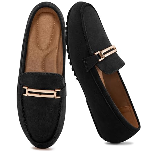 Alicegana Halbschuhe für Damen, Business-Freizeitschuhe – bequeme Schlupfschuhe, Penny-Loafers, Arbeitskleid, flache Schuhe, Schwarzes Veloursleder, 38.5 EU von Alicegana