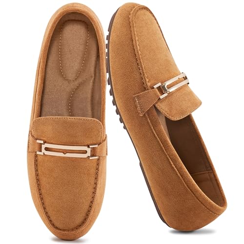 Alicegana Halbschuhe für Damen, Business-Freizeitschuhe – bequeme Schlupfschuhe, Penny-Loafers, Arbeitskleid, flache Schuhe, braunes Wildleder, 38 EU von Alicegana