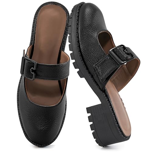 Alicegana Pantoletten für Damen, elegante Clogs: Komfort-Plateau, klobige, rückenfreie Pantoletten, Schlupfschuhe, Arbeit, Freizeit, Loafer, Slides, Schwarz, 38.5 EU von Alicegana