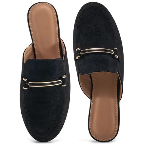 Alicegana Pantoletten für Damen, flache Schuhe: bequeme Pantoletten mit geschlossener Zehenpartie, 2025, elegante Business-Schnallen-Slipper, Schwarz, 39 EU von Alicegana