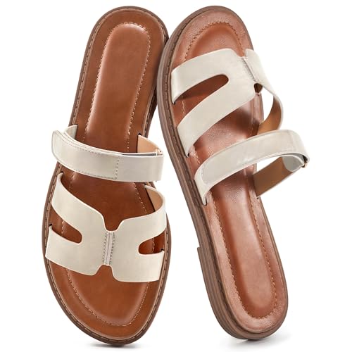 Alicegana Sandalen für Damen 2025, elegant: Sommer, flach, bequem, Schlupfschuhe, modische Wandersandalen für Damen, Beige, 38.5 EU von Alicegana