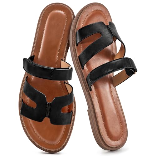 Alicegana Sandalen für Damen 2025, elegant: Sommer, flach, bequem, Schlupfschuhe, modische Wandersandalen für Damen, Schwarz, 39.5 EU von Alicegana