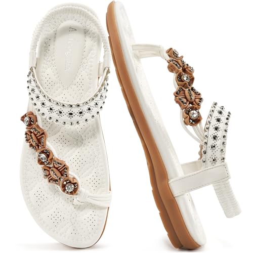 Flache Damen-Sandalen, bequeme Gladiator-Sandalen für Damen, elegant, Sommer, elastisch, Knöchelriemen, Flip-Flops, lässig, Bohemian-Stil, Strand-Sandalen, Weiß, 38 EU Flache Damen-Sandalen, bequeme Gladiator-Sandalen für Damen, elegant, Sommer, elastisch, Knöchelriemen, Flip-Flops, lässig, Bohemian-Stil, Strand-Sandalen, Weiß, 38 EU von Alicegana