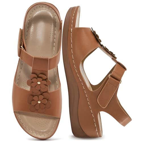 Keilsandalen für Damen 2025: bequeme Sandalen mit niedrigem Absatz, elegante Sommer-Plateau-Sandalen mit Knöchelriemen, für Strandurlaub, Hell, braun, 37.5 EU von Alicegana